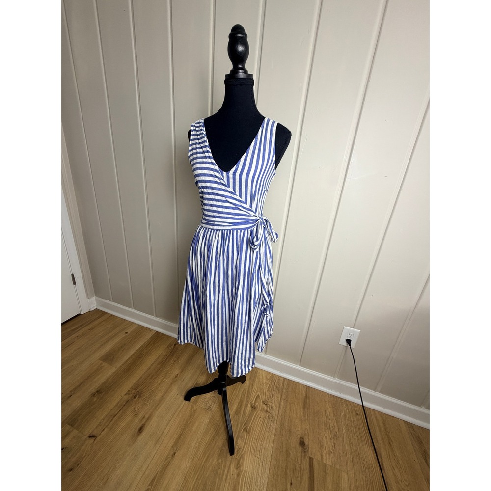 Mango Casual Blue White Striped Sleeveless Faux Wrap Dress Size 2 XS Nautical